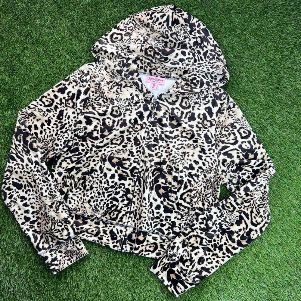 Juicy Couture Leopard Print Velour Zip Up Hoodie Womens XL Y2K Lounge